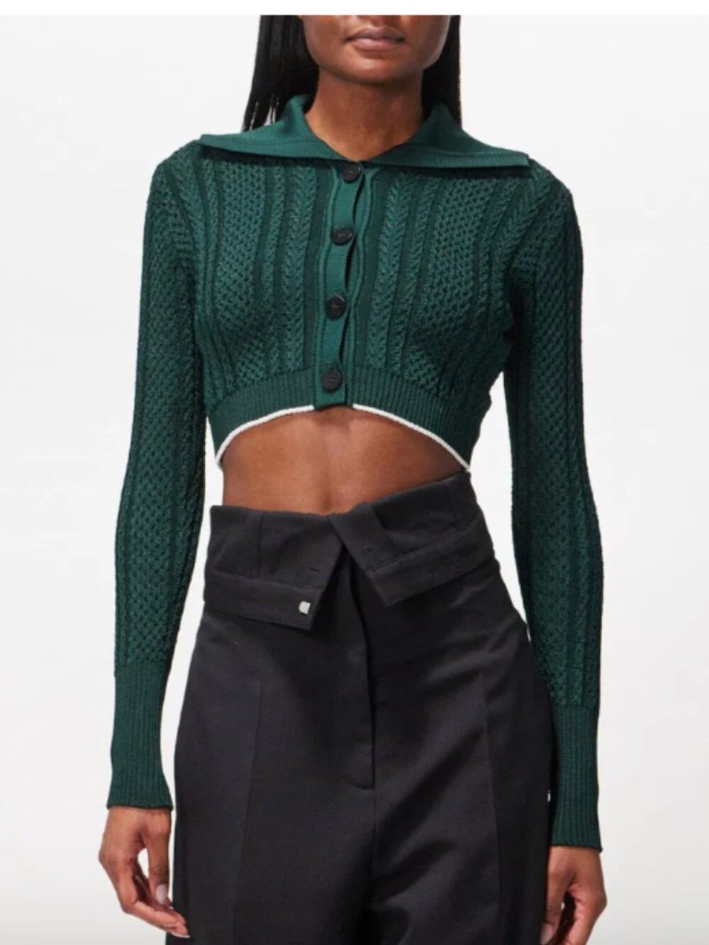 Jacquemus Bela Cable-Knit Cropped Cardigan sweater dark green white collared 38